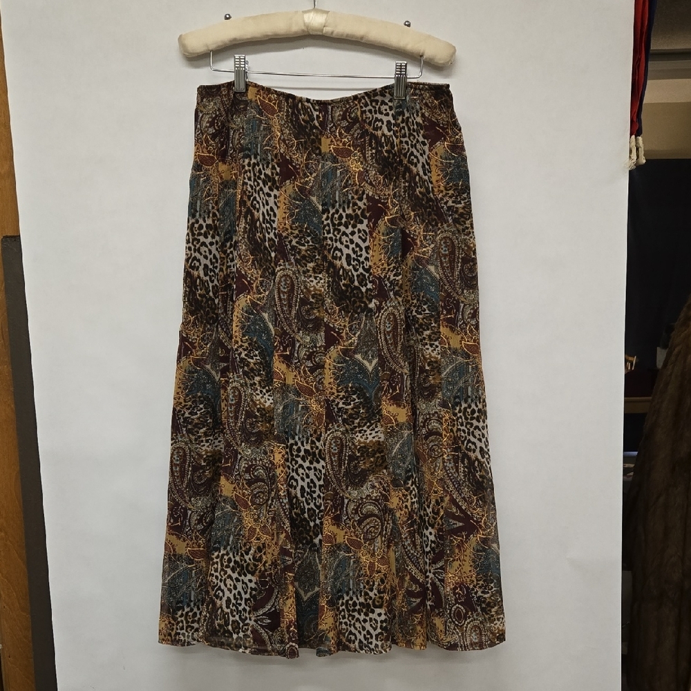 Andre Oliver Brown and Blue Paisley and Leopard Patterned Midi Skirt
